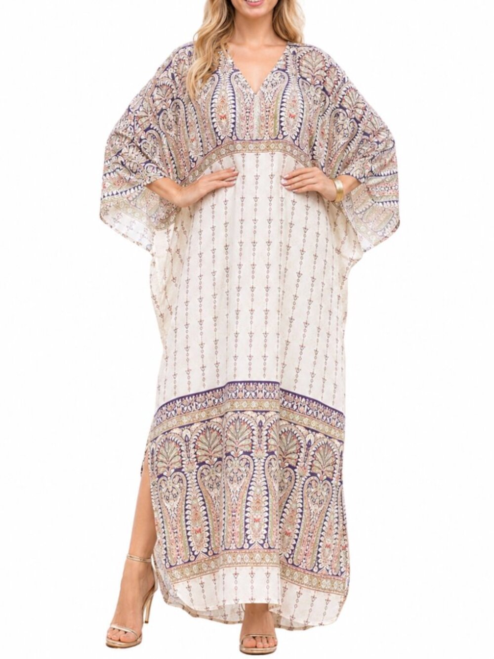 Women Paisley Printed Plus Cream Plus Size Kaftan Dress Nigth Gown by Gypsie Blu